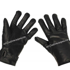 German Army Black Leather Gloves. Superb German Army leather gloves with a light lining to give flexibility. Comes with adjustable wrist button. Material is 100 % Leather. Lining is 100 % Polyester