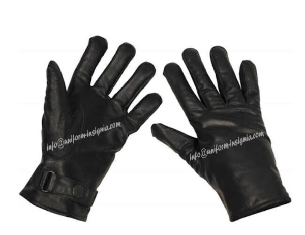 German Army Black Leather Gloves. Superb German Army leather gloves with a light lining to give flexibility. Comes with adjustable wrist button. Material is 100 % Leather. Lining is 100 % Polyester